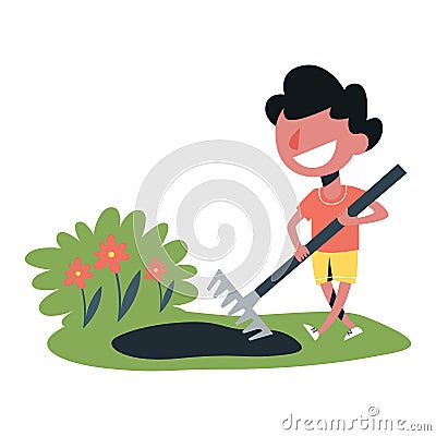 Boy working in the garden with rake. Adorable boy gardening Vector Illustration