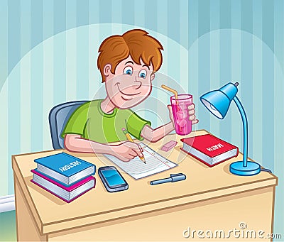 Boy Working On A Homework Assignment Cartoon Illustration