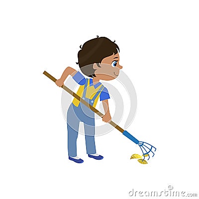 Boy Working With Rake Vector Illustration