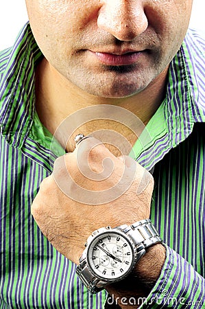 Boy with wrist watch Stock Photo