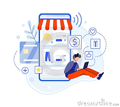 Boy write review about purchase in internet shop Vector Illustration