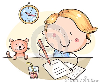Boy writing a letter or making homework at the desk Vector Illustration