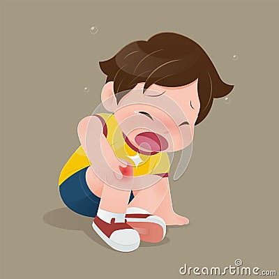 The boy in yellow shirt suffering from pain in knee. Vector Illustration