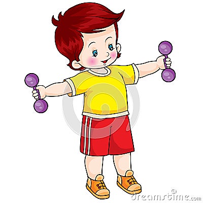 Boy in yellow t-shirt doing exercises with two dumbbells, isolated object on white background, vector illustration Vector Illustration