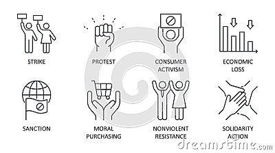 Boycott vector icons. Set of social confrontation symbols editable stroke. Strike protest sanction consumer activism. Economic Vector Illustration