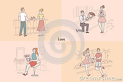 Boyfriend and girlfriend dating, couple holding hands and walking, husband giving wife flowers bouquet banner Vector Illustration