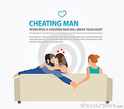 Boyfriend gives the hand to the girl sitting next to his girlfriend. Man cheating on her girlfriend. Love triangle Vector Illustration