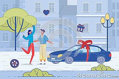 Boyfriend Giving Girlfriend Car with Ribbon Bow Vector Illustration