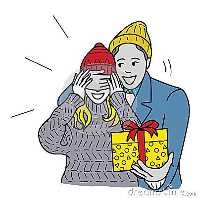 Boyfriend surprise girlfriend with giftbox Vector Illustration