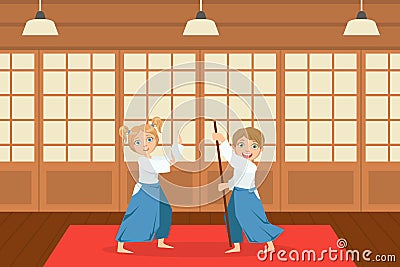 Boys Asian Martial Art Fighters, Cute Children Athletes Practicing Aikido Technique, Kids Wearing Kimono Training in Gym Vector Illustration