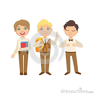 Boys In Brown Outfits Happy Schoolkids In Similar Collection School Uniforms Standing And Smiling Cartoon Character Vector Illustration