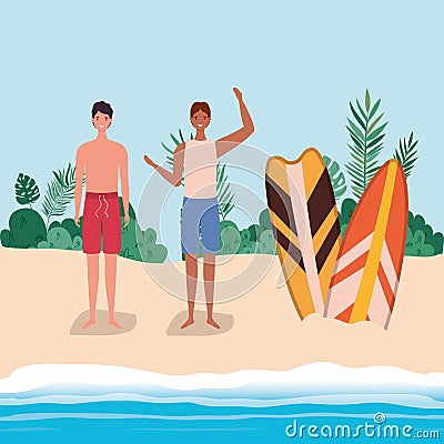 Boys cartoons with swimsuit at the beach with surfboards vector design Vector Illustration