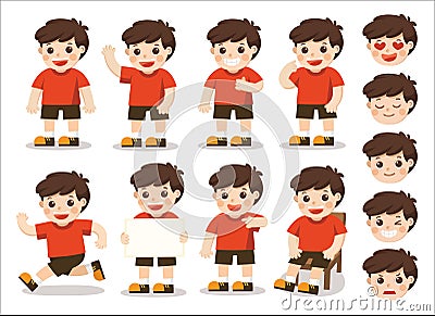 Boys character set in different poses and facial. Vector Illustration
