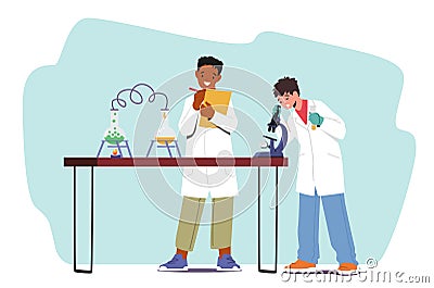 Boys Conduct Chemical Experiment. Children Characters Study Chemistry in Classroom Experimenting in Lab with Test Tubes Vector Illustration
