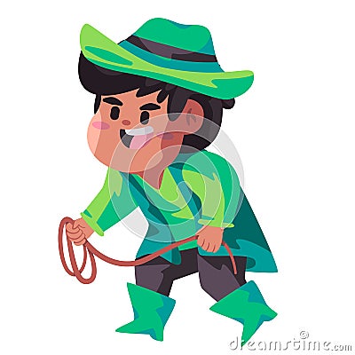 Boys with cowboy kids rodeo festive western america costume with rope green hat Vector Illustration