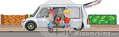 Boys doing street performance on the road Vector Illustration