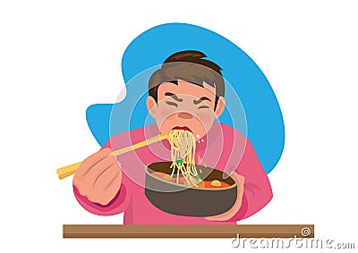 Boy enjoying noodles and hot soup The characters hurried to eat because they were hungry. flat style cartoon vector illustration Vector Illustration