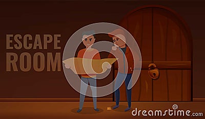 Boys escape room concept banner, cartoon style Vector Illustration