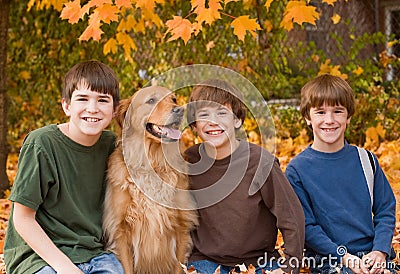 Boys in the Fall Leaves Stock Photo