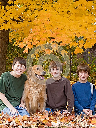 Boys in the Fall Leaves Stock Photo