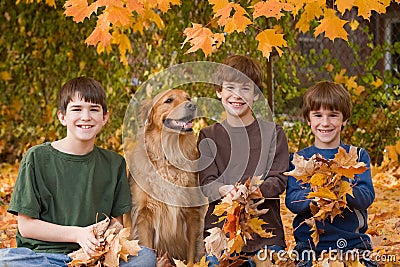 Boys in the Fall Leaves Stock Photo