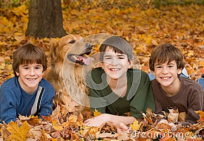 Boys in the Fall Leaves Stock Photo