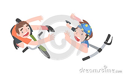 Boys falling down from kick scooter and bicycle, top view cartoon vector illustration Vector Illustration