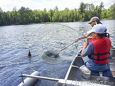 Boys fishing in a canoe catch a walleye Stock Photo