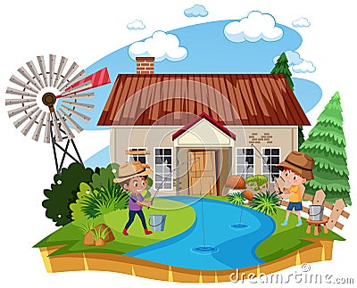 Boys fishing in front of the house Vector Illustration