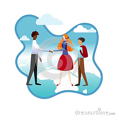 Boys and Girl Introducing to Each Other. Friends. Vector Illustration