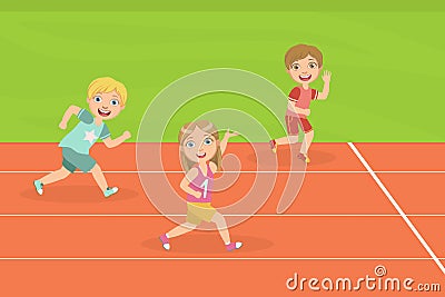 Boys and Girl Running Race Tracks of Stadium at Competition Vector Illustration Vector Illustration