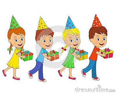 Boys and girls go with gifts Vector Illustration