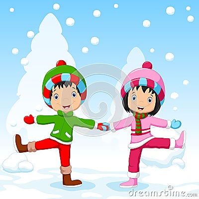 Boys and girls having fun in winter Cartoon Illustration