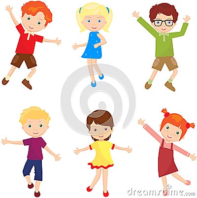 Boys and girls jump, laugh and dance together Vector Illustration