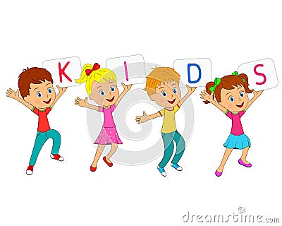 Boys and girls jumping with letter Vector Illustration