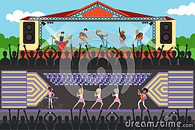 Boys and Girls Music Bband Performing on Stage in Front of Crowd Set, Silhouettes of Young Audience Coming to Concert Vector Illustration
