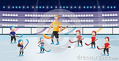 Boys and Girls Playing Hockey on Ice Rink Vector. Vector Illustration