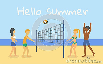 4 people in bathing suits playing volleyball on the beach Vector Illustration