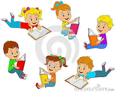 Boys and girls reading a book collection Vector Illustration