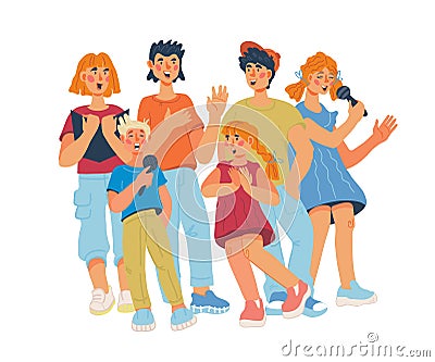 Boys and girls singing together. Children chorus, vocal classes or music show. Vector Illustration