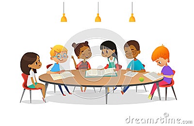 Boys and girls sitting around round table, studying, reading books and discuss them. Kids talking to each other at Vector Illustration