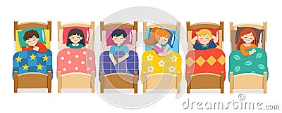 Boys and girls sleeping in bed in various poses. Bedtime and rest. Vector Illustration