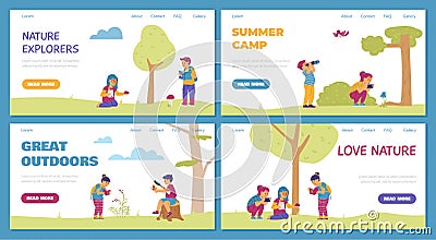 Boys and girls in summer camp explore nature, making photos with camera and watching birds, vector banner set Vector Illustration