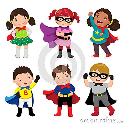 Boys and girls in superhero costumes on white background Vector Illustration