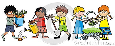 Boys and girls work in the garden Vector Illustration