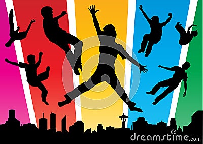 Boys jumping in the Funky city Vector Illustration