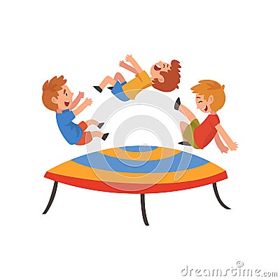 Boys Jumping on Trampoline, Happy Trampolining Kids Playing and Having Fun Cartoon Vector Illustration Vector Illustration