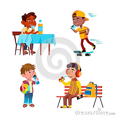 Boys Kids Drinking Delicious Drink Set Vector Stock Photo