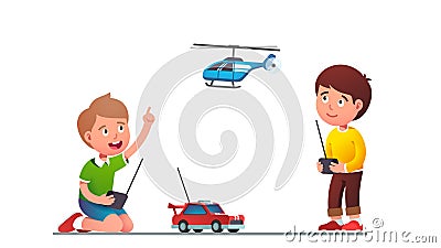 Boys kids playing with radio-controlled toy car Vector Illustration