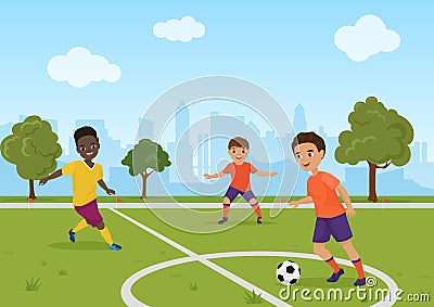 Boys kids playing soccer football. Vector illustration. Vector Illustration